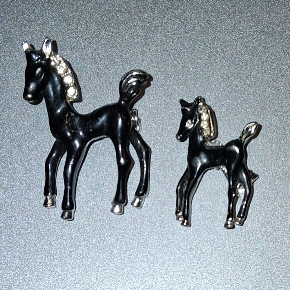 Vintage Black & Silver Mare and Foal Pin Set With Rhinestone Accents